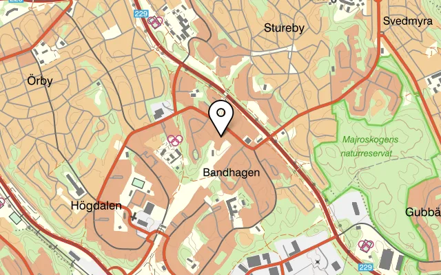 Karta som visar Stockholms Mathus på Bandhagsplan 16, 124 32 Bandhagen