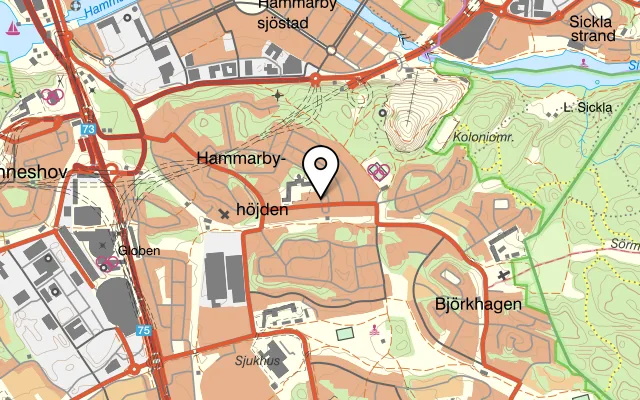 Karta som visar Malmgrenska Krogen i Stockholm på Finn Malmgrens plan 6-8, 121 38 Johanneshov