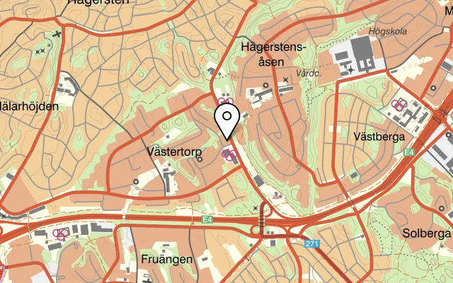 Karta som visar Pizzeria Delice på Skidvägen 17, 129 49 Hägersten