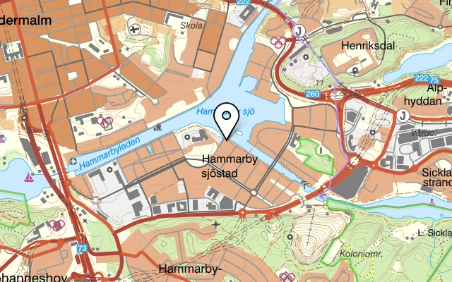 Karta som visar Sjöstadens Marina - Restaurang & Bar på Kölnagatan 26, 120 64 Stockholm