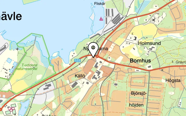Karta som visar Bomhus Restaurang & Pizzeria på Klockar-calles gata 4, 804 29 Gävle