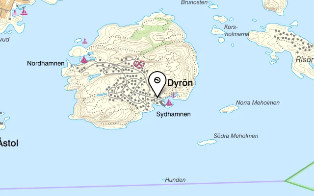 Karta som visar Mini Golf - & Cafe - Dyrön Sôrhamna på Hamnvägen, 471 43 Dyrön