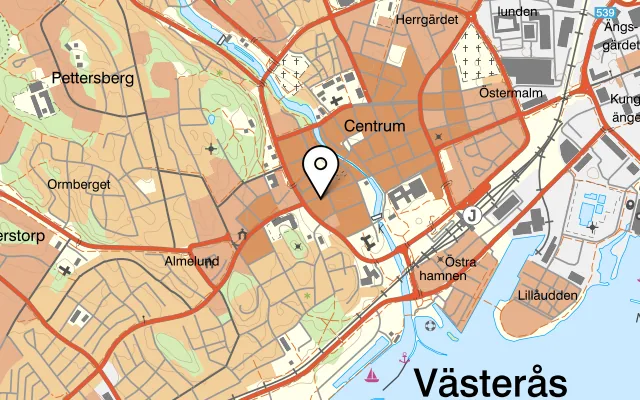 Karta som visar Papillon pizzeria på Stora Gatan 49, 722 12 Västerås