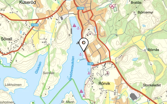 Karta som visar Q Restaurang & Bar på Grebbestadbryggan, Strandvägen, 457 72 Grebbestad