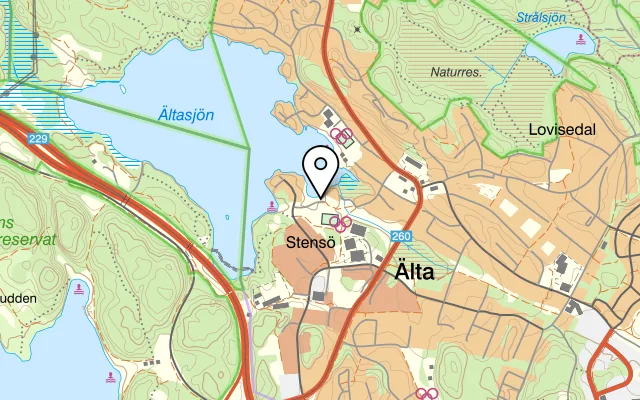Karta som visar Poke Burger Älta Brygga på Stensövägen 28, 138 30 Älta