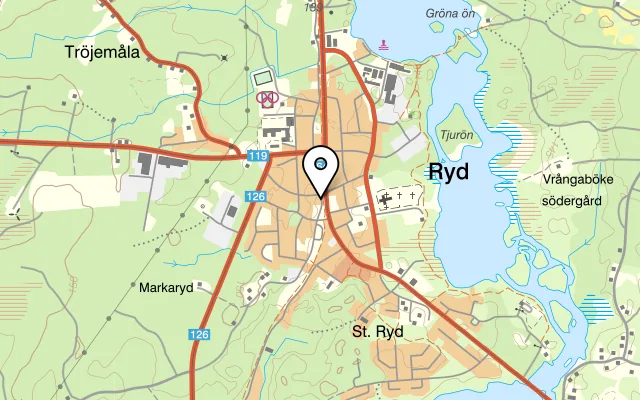 Karta som visar Ryds Pizzeria på Norra Hantverkaregatan 13, 360 10 Ryd