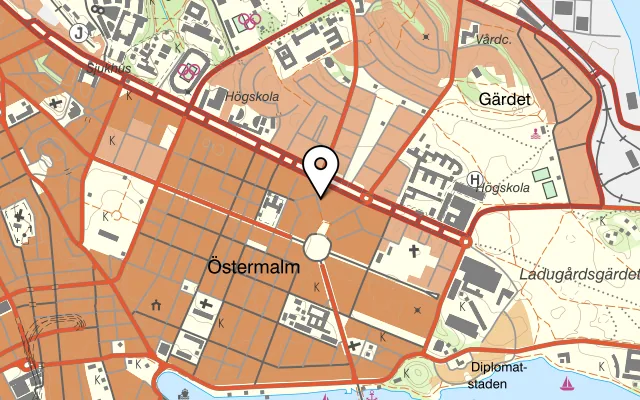 Karta som visar Brillo Pizza Fältöversten på Erik Dahlbergsallén 16, 115 20 Stockholm