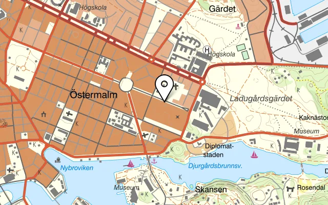 Karta som visar Marrakech Garnisonen på Karlavägen 100, 115 26 Stockholm