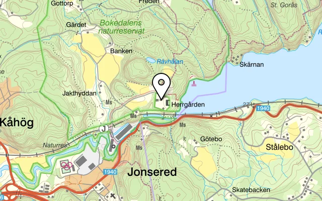 Karta som visar Jonsereds Trädgårdskafé på William Gibsons väg 17, 433 76 Jonsered