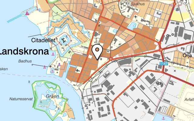 Karta som visar Pizzeria Rhodos på Nygatan 14, 261 31 Landskrona