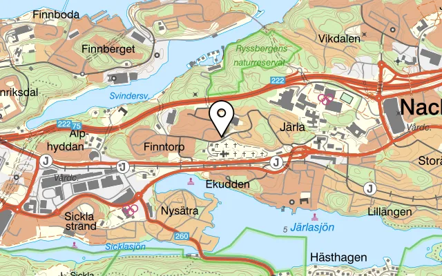 Karta som visar Pizzeria Finntorp på Helgesons väg 1, 131 37 Nacka