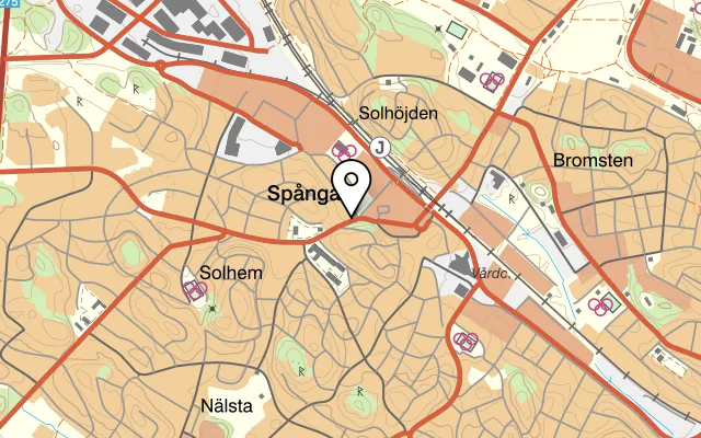 Karta som visar Gerds Pizzeria på Sörgårdsvägen 24, 163 52 Spånga