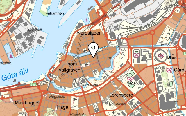 Karta som visar Göteborgs Stadsmission, enhet för barn, unga och familjer på Drottninggatan 33, 411 14 Göteborg