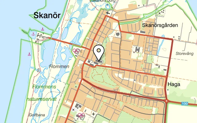 Karta som visar Servicehus Bäckagården på Nyvångsvägen 1, 239 32 Skanör