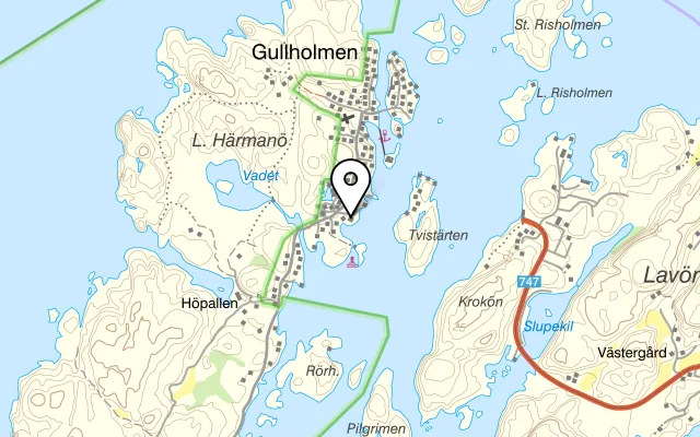 Karta som visar Gullholmsbaden på PIREN 392, 474 71 Gullholmen