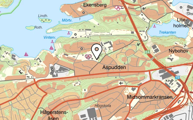 Karta som visar Golfbaren Aspudden på Hövdingagatan 14, 126 52 Hägersten, Sweden