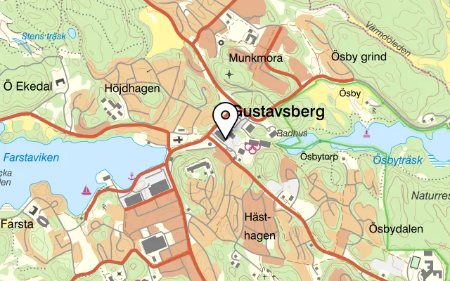 Karta som visar The Curry Co. - Gustavsberg Centrum på Skärgårdsvägen 1E, 134 30 Gustavsberg, Sweden