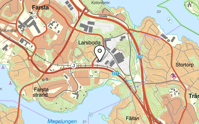 Karta som visar Dagens by TheBestChefs - Lunchbuffé Farsta på Fryksdalsbacken 12, 123 43 Farsta, Sweden
