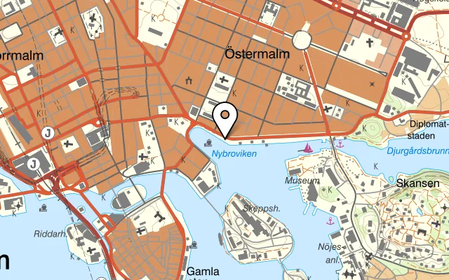 Karta som visar Stromma | Skärgårdsbåten S/S Stockholm | Avgångsplats på Strandvägen 8, 114 56 Stockholm, Sweden