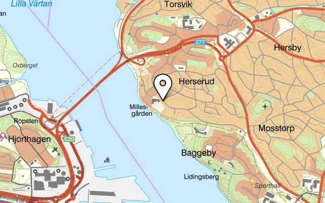 Karta som visar Millesgårdens lanthandel på Herserudsvägen 28, 181 50 Lidingö