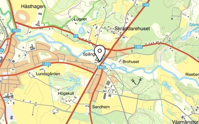 Karta som visar Spångens Gästgiveri på Spångens Gästgivaregård, 264 52 Ljungbyhed