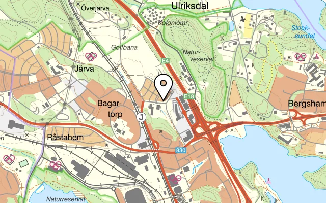 Karta som visar Ulriksdal pizzeria på Gyllene Hästens Torg 7, 170 67 Solna