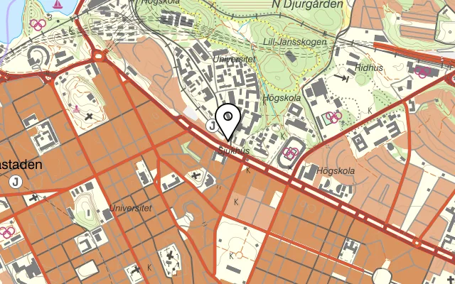 Karta som visar Järnvägsrestaurangen Östra Station på Drottning Kristinas väg 1, 114 28 Stockholm