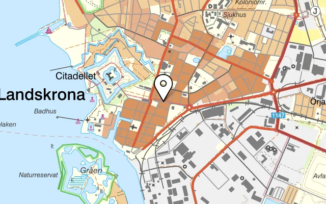 Karta som visar Tycho Brahe på Östergatan 3, 261 31 Landskrona