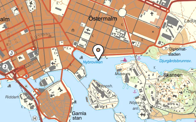 Karta som visar Ångbåtsbryggan på Strandvägen 18, 114 56 Stockholm