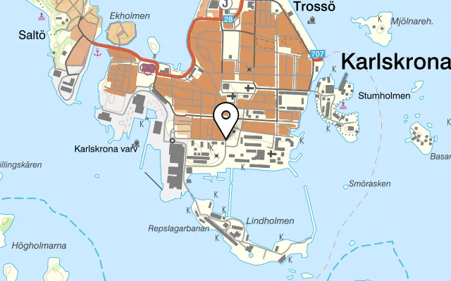 Karta som visar Sjöofficerssällskapets Restaurang på Amiralitetstorget 7, 371 30 Karlskrona