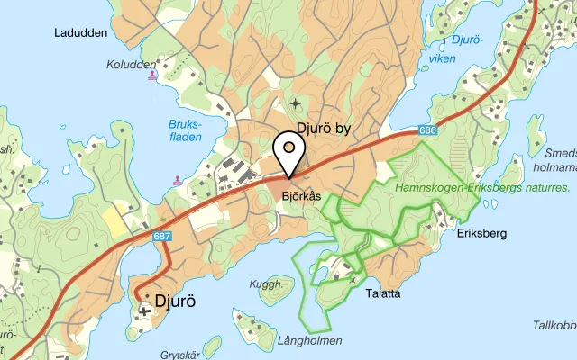 Karta som visar Resturang Björkås på Björkåsvägen 2, 139 73 Djurhamn