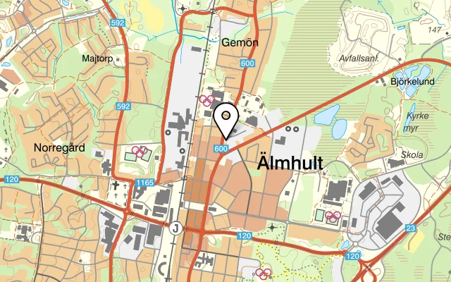 Karta som visar Amigos Pizzeria på Skolgatan 8, 343 31 Älmhult