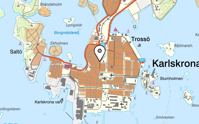 Karta som visar Café 3G på Landbrogatan 9, 371 34 Karlskrona