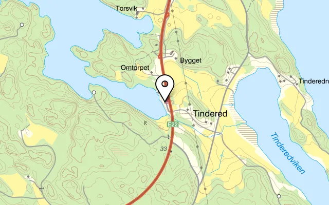 Karta som visar Tindered på E22 Tindered, 594 75 Edsbruk