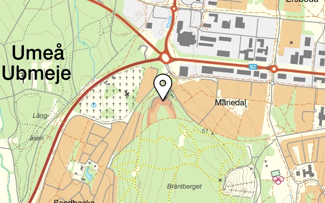 Karta som visar Sandahöjds Pizzeria på Backenvägen 25, 903 54 Umeå