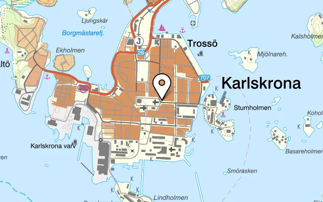 Karta som visar Stars and Stripes på Stortorget 2, 371 34 Karlskrona