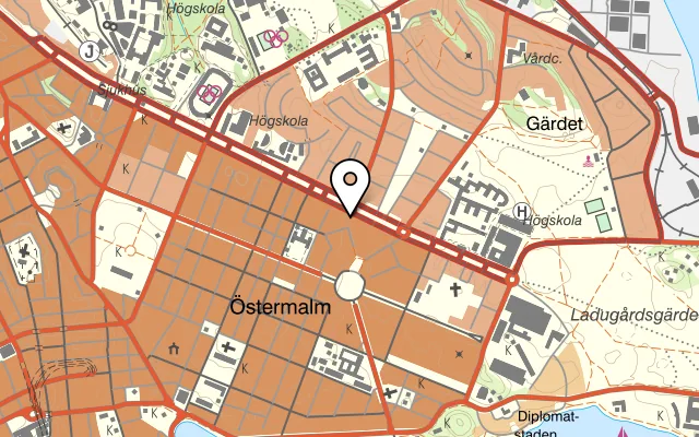 Karta som visar Phil's burger på Erik Dahlbergsallén 22, 115 20 Stockholm