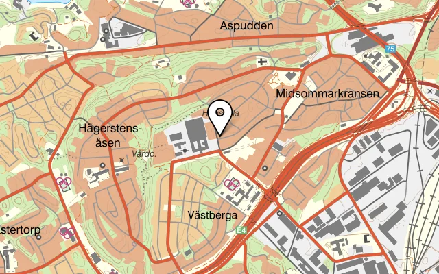 Karta som visar Landet på LM Ericssons Väg 27, 126 37 Hägersten