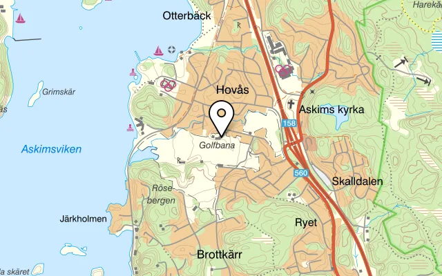 Karta som visar Golfkrogen Hovås på Golfbanevägen 17, 436 50 Hovås