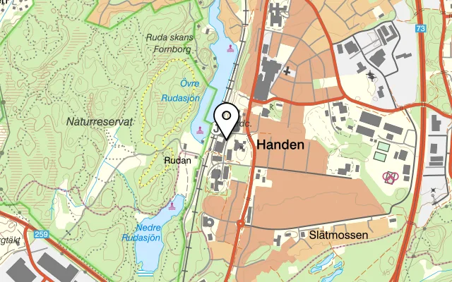 Karta som visar Brasserie X på Rudsjöterrassen 3, 136 40 Handen