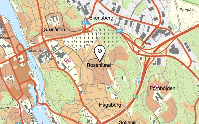 Karta som visar Rosenlunds pizzeria på Rosenlundsvägen 12, 152 40 Södertälje