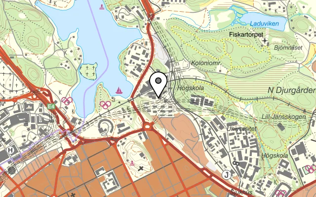 Karta som visar Fågelängens Catering lunchrestaurang på AlbaNova University Center, Roslagstullsbacken 21, 114 21 Stockholm